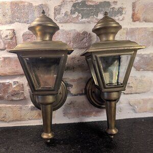 Vintage Pair Of Brass Outdoor Wall Electric Lamps Incandescent Fixture